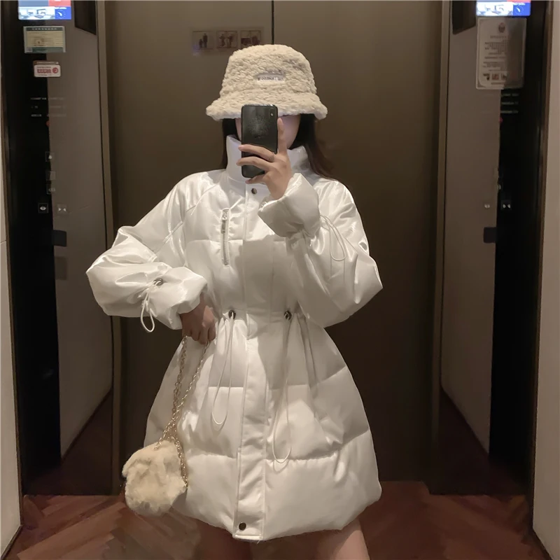 Luxurious Women's Winter Cotton Coat Casual Loose Warm White Skirt Parkas Stand Collar Elegant Overcoat Woman Korean Long Jacket
