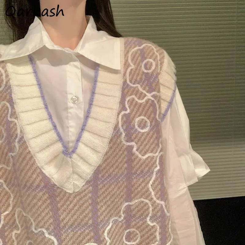 

Sweater Vests Women Cute Flowers Students Kawaii Girlish Japan Style Harajuku Baggy All-match Aesthetic Stylish Autumn Clothing