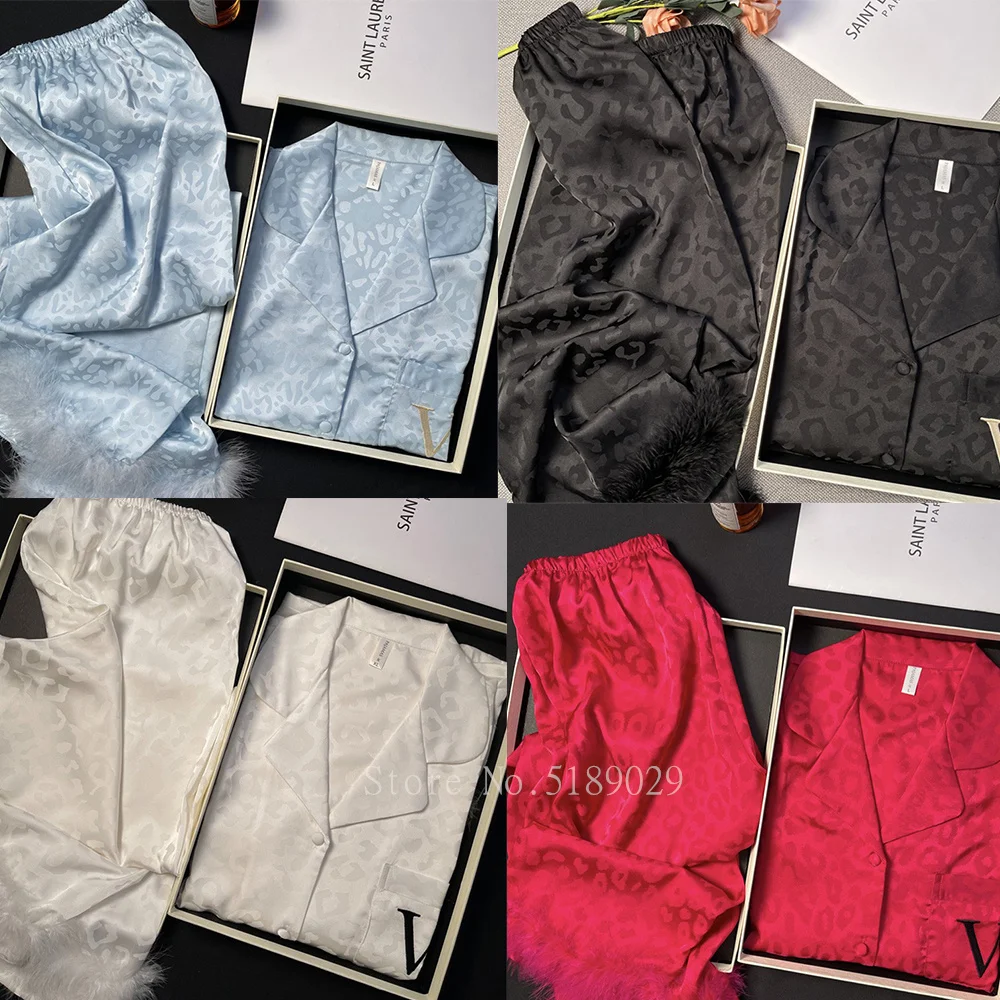 Женская пикантная Пижама с вышивкой рубашка и брюки роскошная перьями свободный