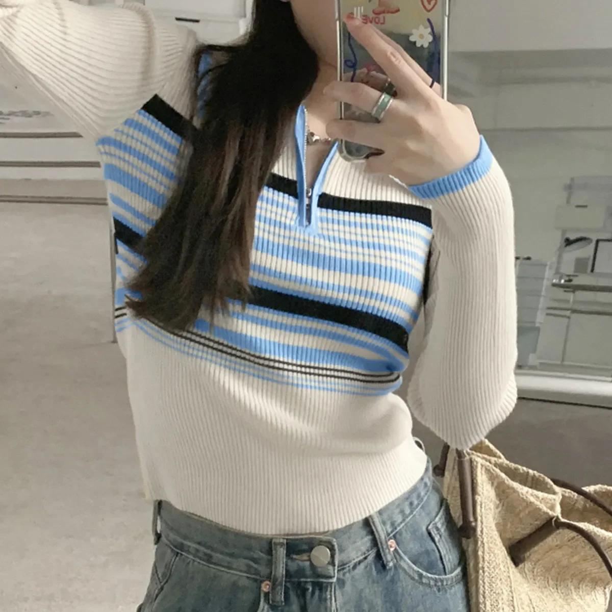 Полосатый воротник-поло с цветными блоками вязаный топ длинными рукавами
