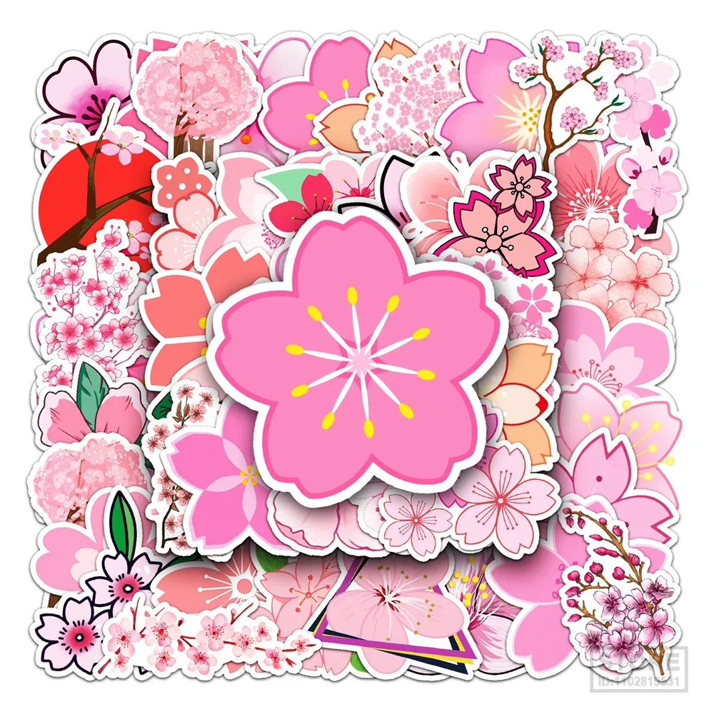 

50pcs Cherry Blossom Sakura Stickers For Laptop Scrapbook Ipad Stationery Scrapbooking Material Pink Sticker Craft Supplies