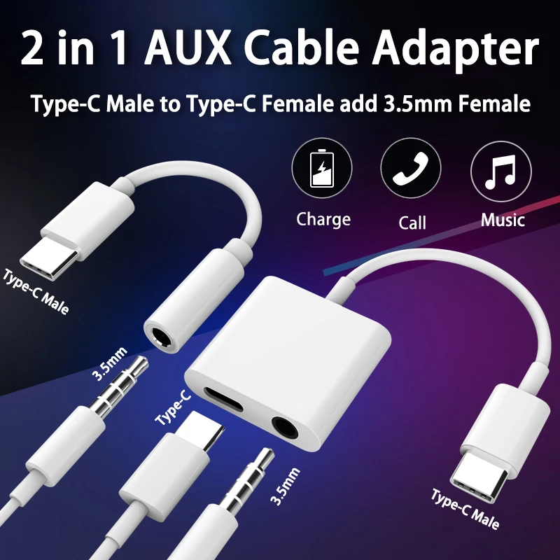 

2 в 1 сплиттер AUX-кабель адаптер для Samsung Xiaomi Redmi POCO Huawei разъем USB C на Type C 3,5 мм аудиокабель