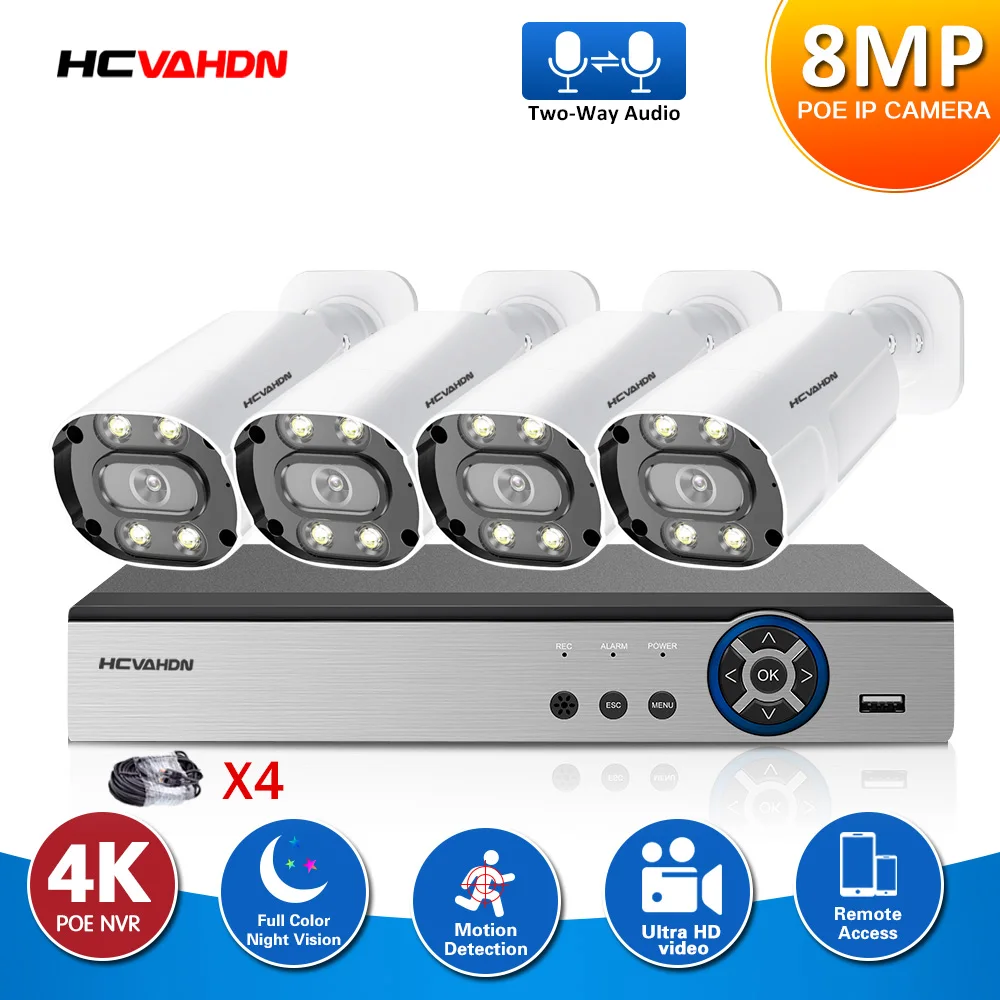 

4K CCTV System POE Outdoor Waterproof 4CH 8MP NVR Kit H.265 Color Night Vision IP Security Surveillance Camera System Set P2P