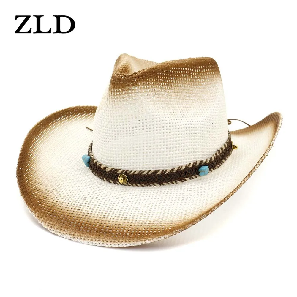 

ZLD Unisex Cowboy Straw Hat Panama Style Wide Large Brim Visor Caps Brown Spray Paint Ethnic Style Decor Summer Cowboy Straw Hat