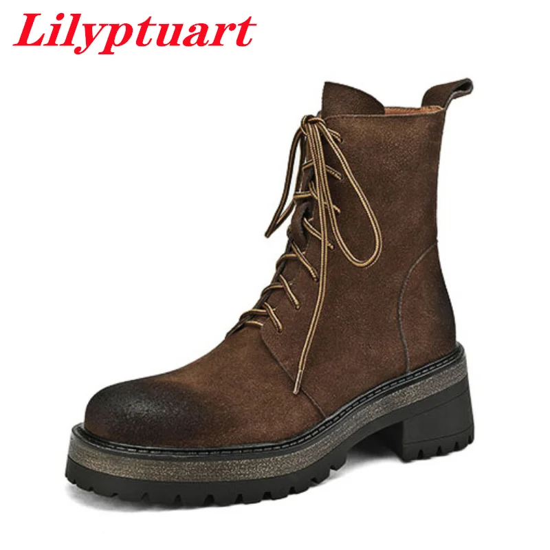 

L;ILYPTUART ZA Leather Ankle Boots, 2022 Autumn / Winter Casual Cow Suede Brushed Martin Boots, Fashion Versatile, Elegant Retro