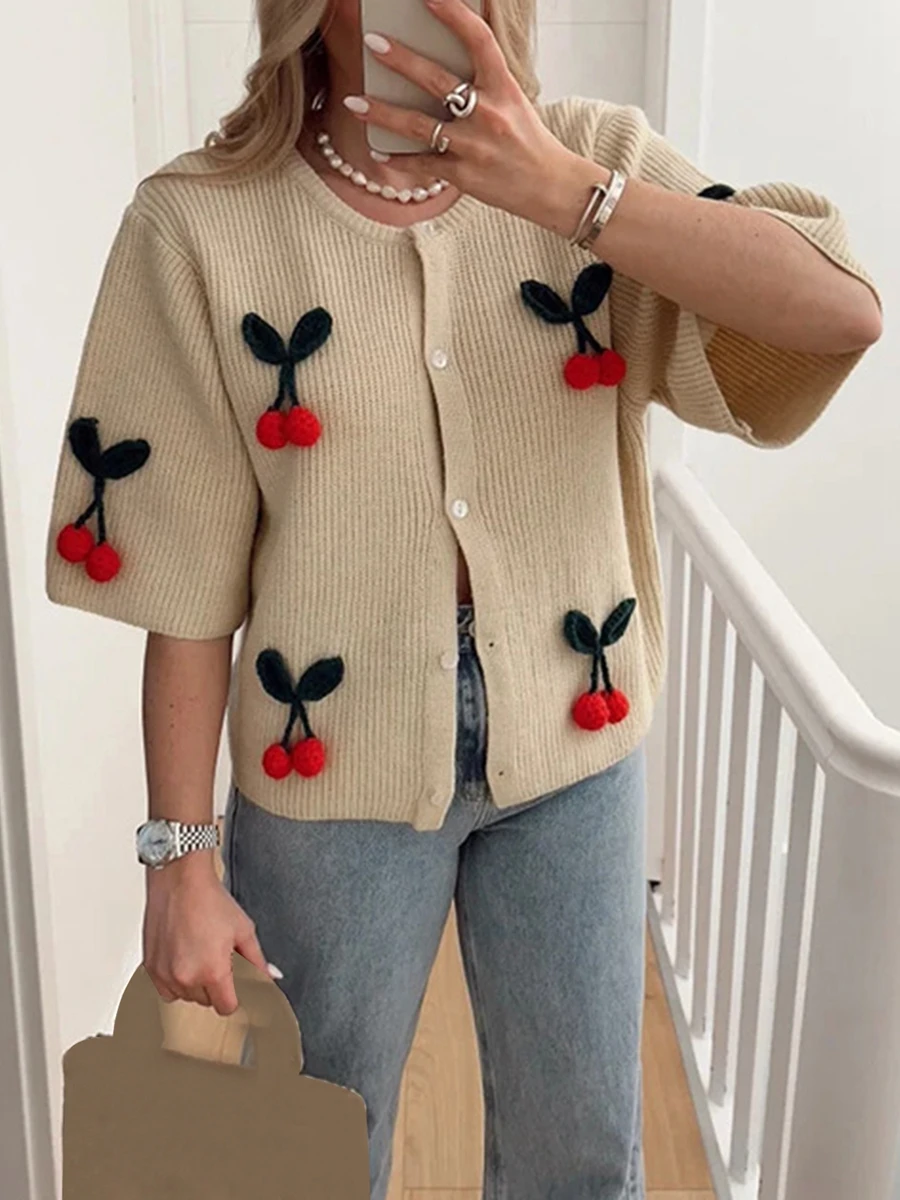 Женский летний трикотажный Свободный кардиган с полурукавами круглым вырезом