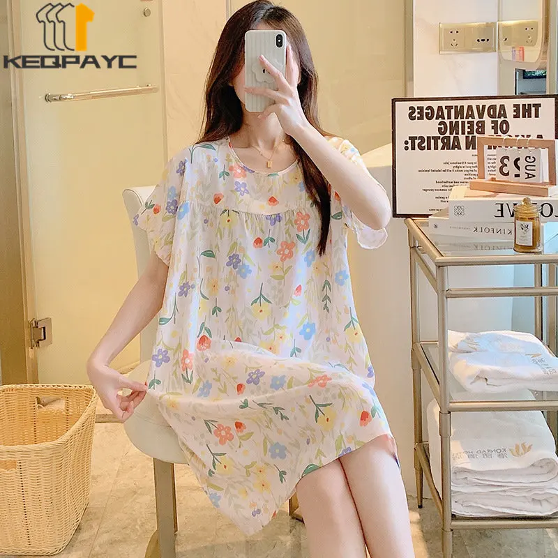 New 2023 Women's Sweet Nightgowns Spring Summer Women Short Sleeve O-neck Cute Cartoon Thin Loose Dress Sleepwear Casual Pajamas