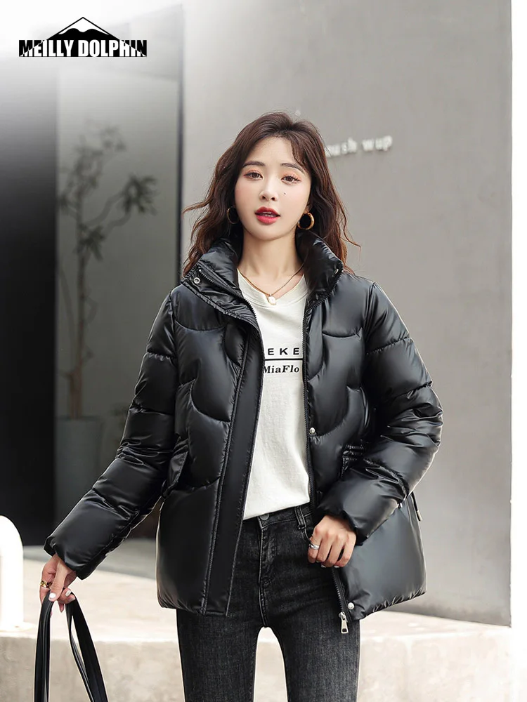 New 2022 Glossy Stand Collar Cotton Padded Winter Jacket Women Short Casual Autumn Winter Clothes Student Coat Female