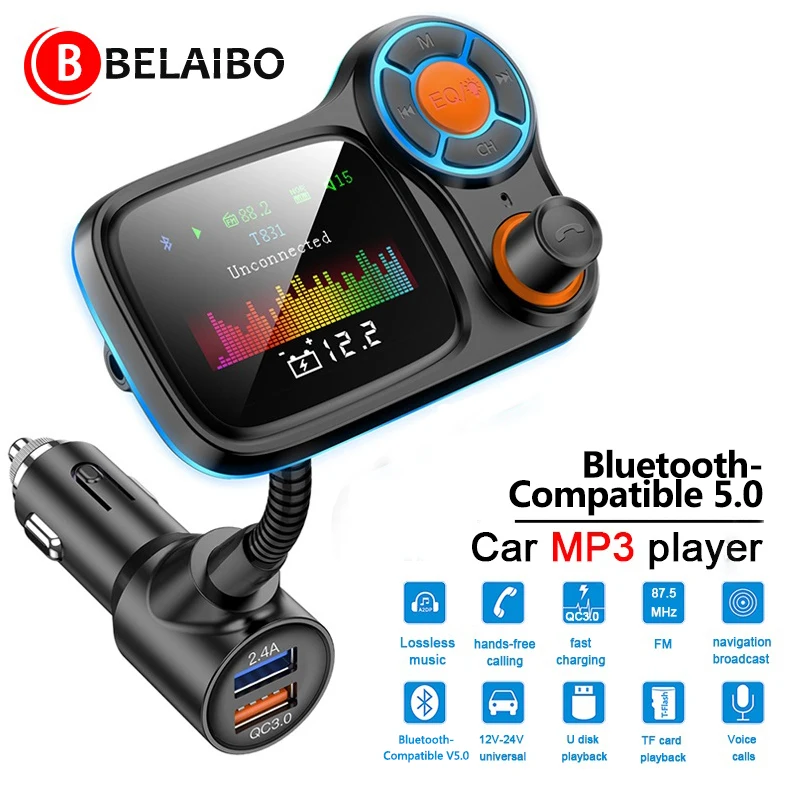 

Car FM Transmitter MP3 Player Wireless Bluetooth-Compatible 1.8inch Color Screen AUX 3.5mm 3.0A High Current Output Fast Charg