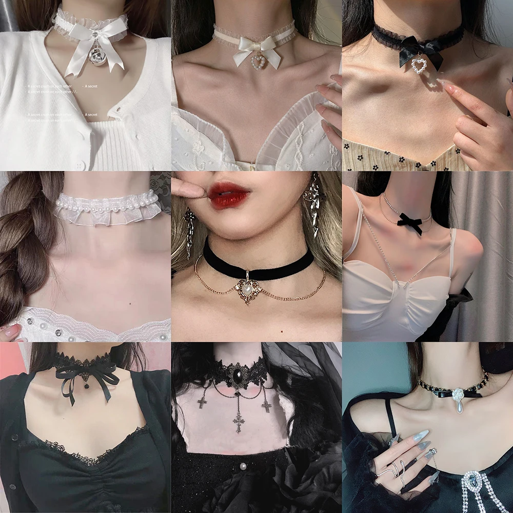 Women's Gothic Lace Choker Necklace Retro White Velvet Clavicle Chain Punk Collar Choker Steampunk Party Halloween Jewelry Gift