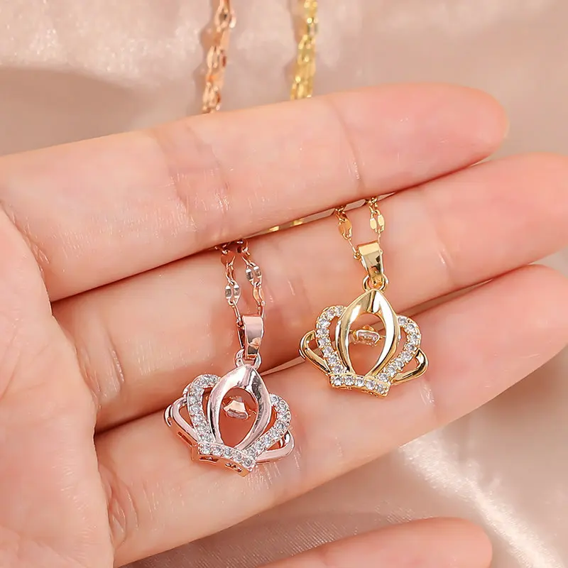 

Rose-Gold Alloy Crown Throbbing Zircon Necklace Women 2022 Latest Wedding Royal Style Clean Stone Lady Party Jewelry