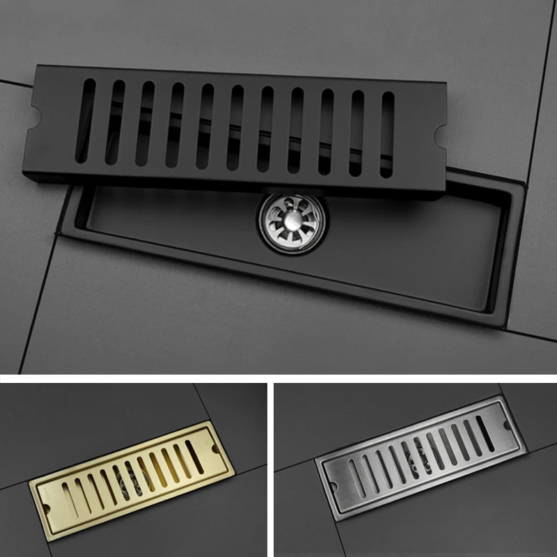 

Rectangle 304 Stainless Steel Black Brushed Gold Bathroom Linear Shower Floor Drain Waste Trap Long Drainage Conceal Floor Drain