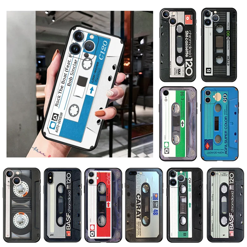 

Silicone Black Phone Cases Cover for iPhone 11 14 Pro Max 12 13 Mini XR SE 7 8 6 6s Plus XS X 11Pro Classical Old Cassette Tape