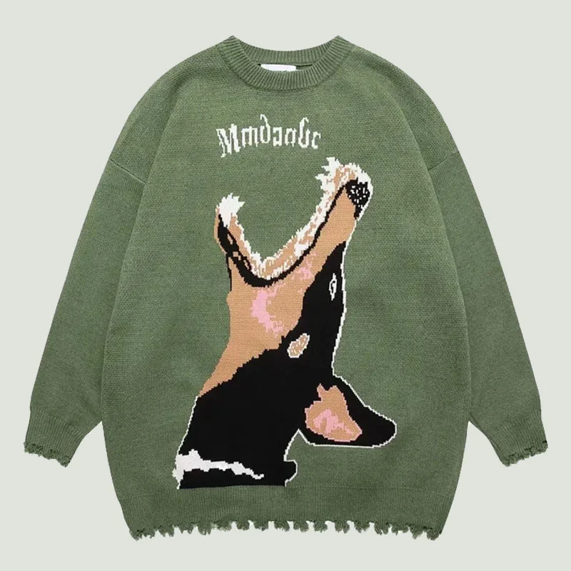 

Hip Hop Knitted Jumpers Sweaters Mens Fashion Harajuku Doberman Pattern Tops Streetwear Oversized Casual Loose Pullovers Unisex