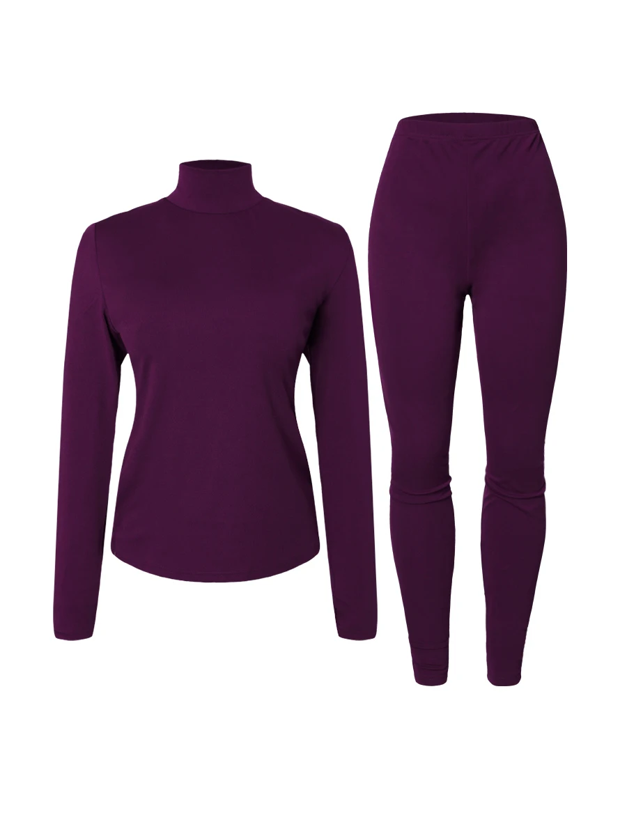 LW BASICS Plus Size Turtleneck Side Split Skinny Pants Set Thermal Underwear Warm Winter High Elasticity Women Shaped Sets
