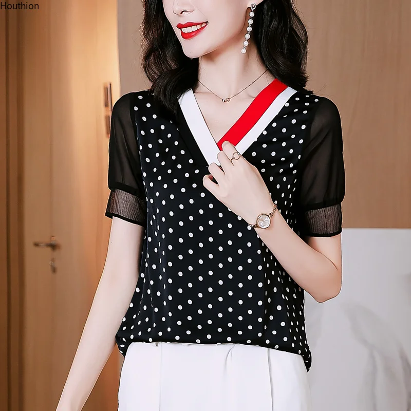 

New Women Blouses Leisure Comfortable Shirts V-neck Polka Dot Korean Fashion Splicing Summer Short Sleeve Top