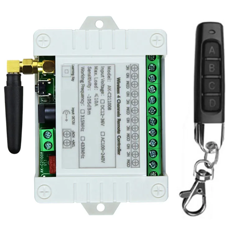 

433 МГц DC 12 В 24 В 36 В 4 канала 4 канала 10 А реле RF беспроводной пульт дистанционного управления система переключения 433 МГц передатчик и приемник