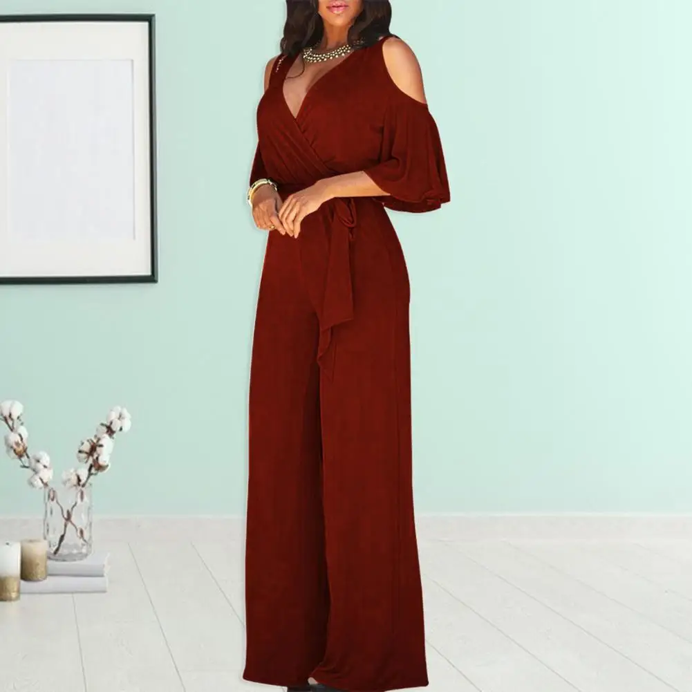 

Breathable Loose Type Wide Leg Deep V Neck Party Jumpsuit for Shopping