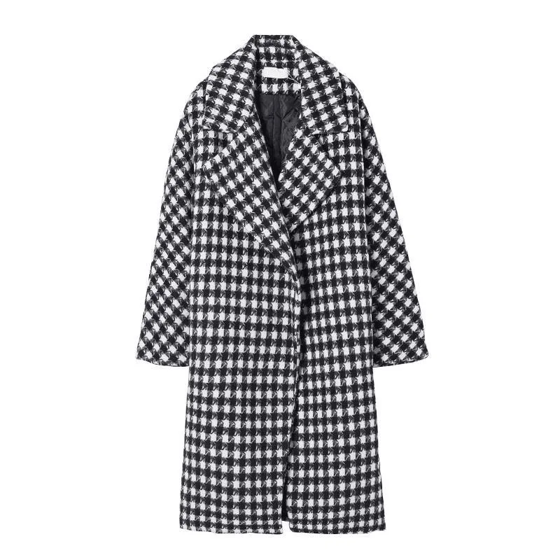 

Winter Coat Long Wool Jacket Women Fashion Notched Collar Houndstooth Pattern Woolen Jacket Streetwear Winter Overcoat