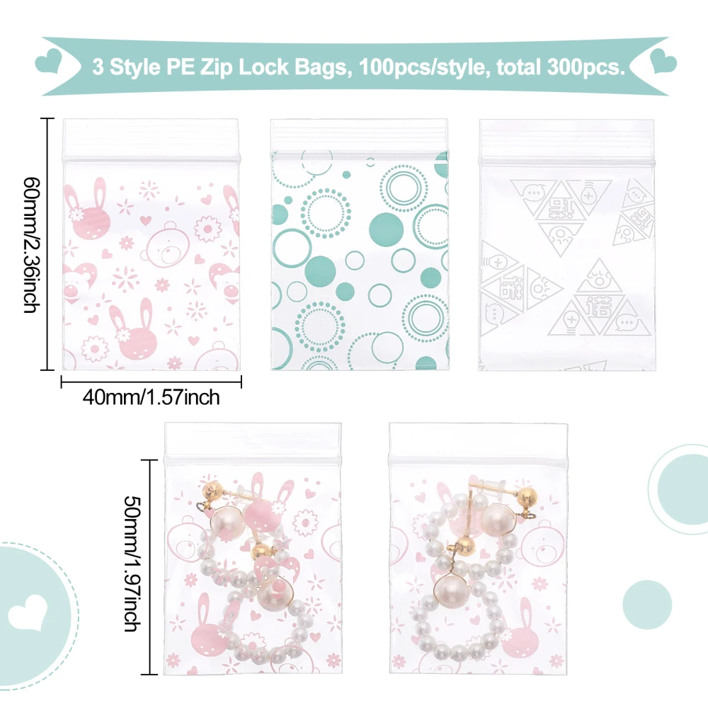 300Pcs Mixed Patterns PE Zip Lock Resealable Bags Mini Self Seal Bag for Jewelry Candy Cookies Snack Storage Packing Pouch