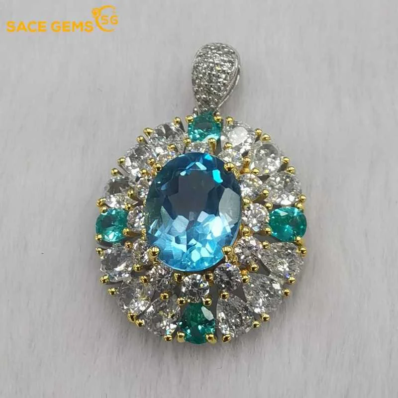 SACE GEMS New Trend Swiss Blue Topaz Pendant 925 Sterling Silver Pendant Necklace  for Women Everyday Party Fine Jewelry Gift