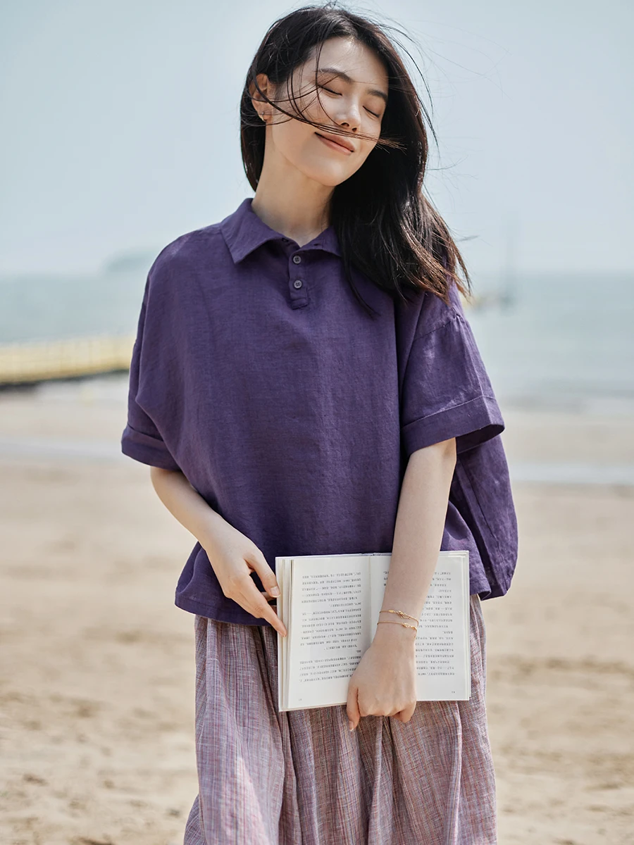 

2023 Summer New Loose Female Cotton Tops Shirt Vintage Style Casual Sweet Women Shirts Short Sleeved Button Turn Collar X7791