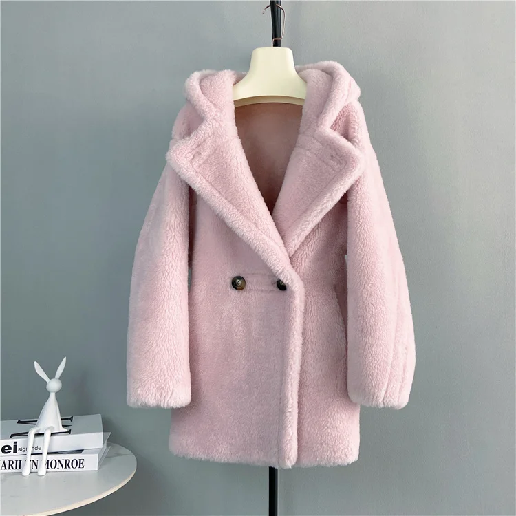 

Genuine luxury Off season new fur MAX teddy bear short suit collar sheep shearing coat double row button hooded thick winter