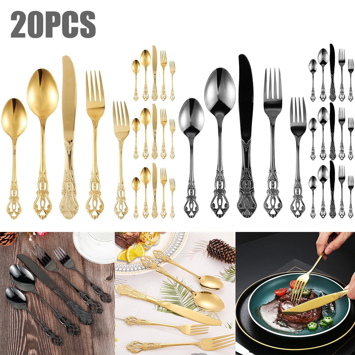 

20Pcs Flatware Set Stainless Steel Silverware Set Retro Royal Western Tableware Cutlery Set with Cutter Spoon Fork Anti-Rust