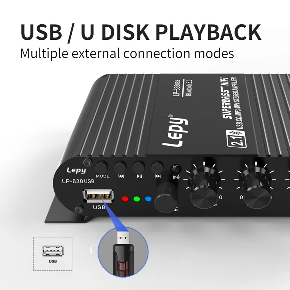 Фото LEPY 838 USB Bluetooth усилитель сабвуфера HIFI 2,1 12 В автомобильный домашний усилитель U диск без потерь подходит для динамиков 4-8 Ом-T44C №2