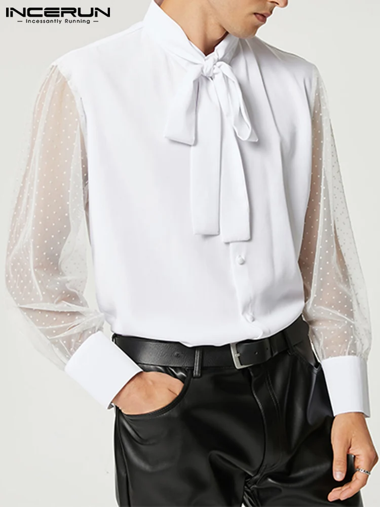 

INCERUN Men Shirt Mesh Patchwork See Through Lace Up Long Sleeve Fashion Party Casual Camisas 2022 Streetwear Shirts Men S-5XL