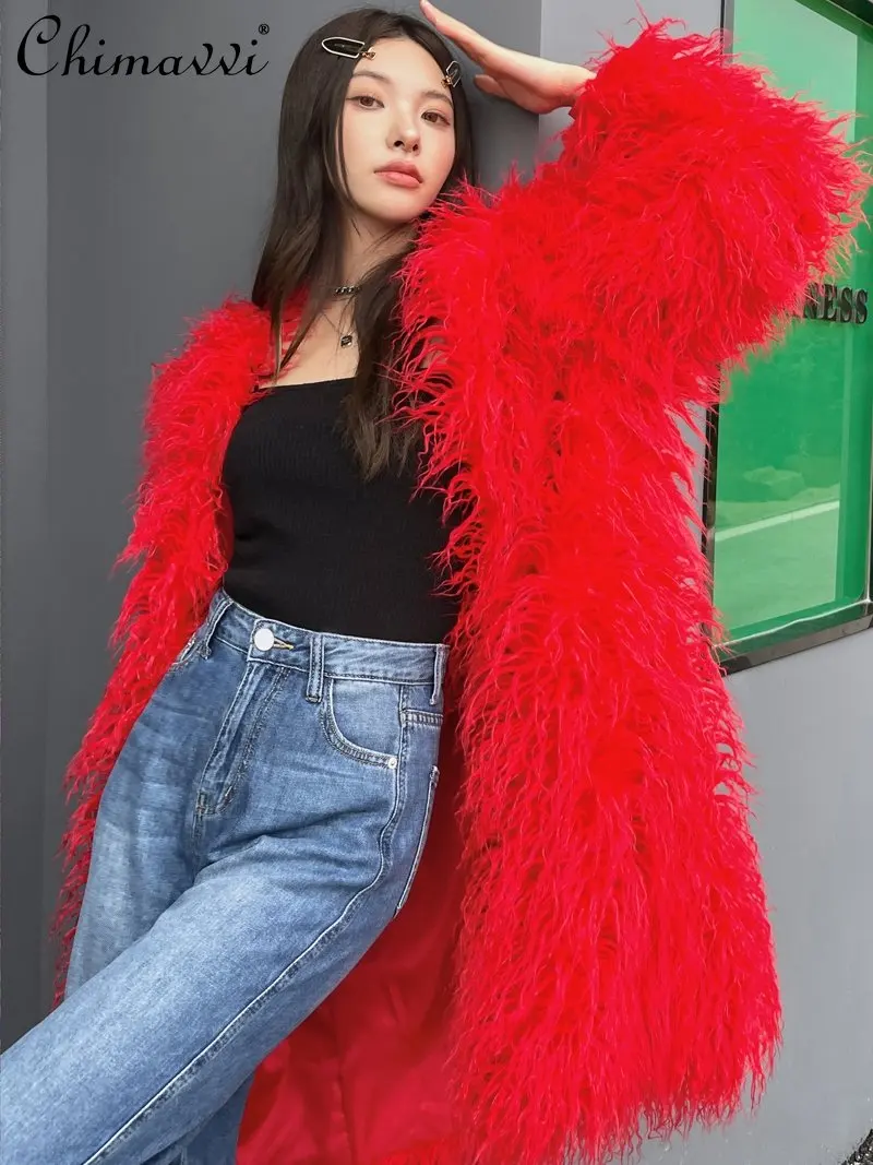 New 2023 Autumn and Winter High-End Red Fur Coat Fashion Imitated Mongolia Sheep Fur V-neck Loose Temperament Long Fur Jacket
