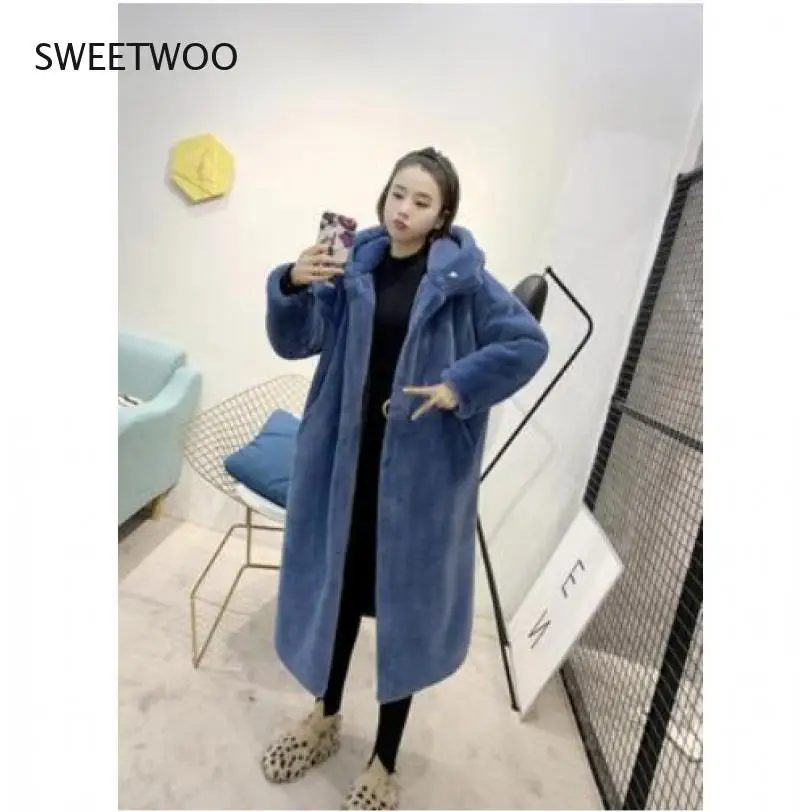2021 Winter Hooded Women Faux Fur Coat Ladies Thick Warm Outwear Long Fur Jacket Casaco Feminino Inverno Tedy Contracted Slim