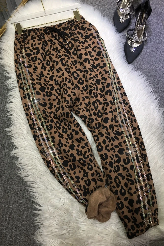High Quality Fleece Sweatpants for Women Autumn Winter Thicken Elastic Waist Leopard Print Long Trousers Hot Drill Casual Pants