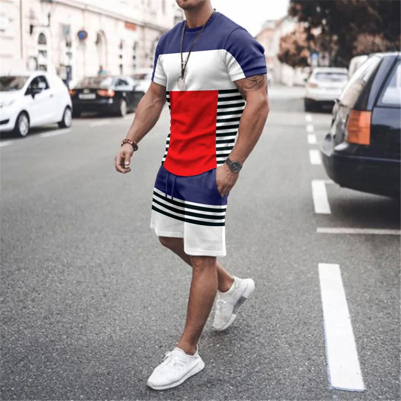 New Summer Stripe 3D Printed Men Loose Outdoor Jogging Streetwear T Shirt Short Sleeve Tracksuit Suit Breathable Casual Clothes