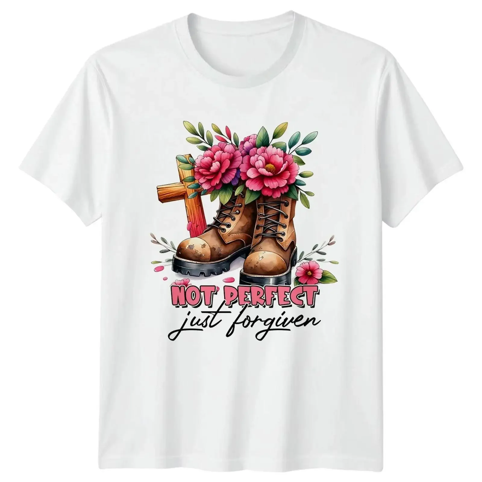 Фото Футболка женская Not Perfect Just Forgiven, христианская, в стиле бохо, религиозная, винтажная, с эффектом потертости, эластичная, стильная, дышащая, с графическим принтом №1