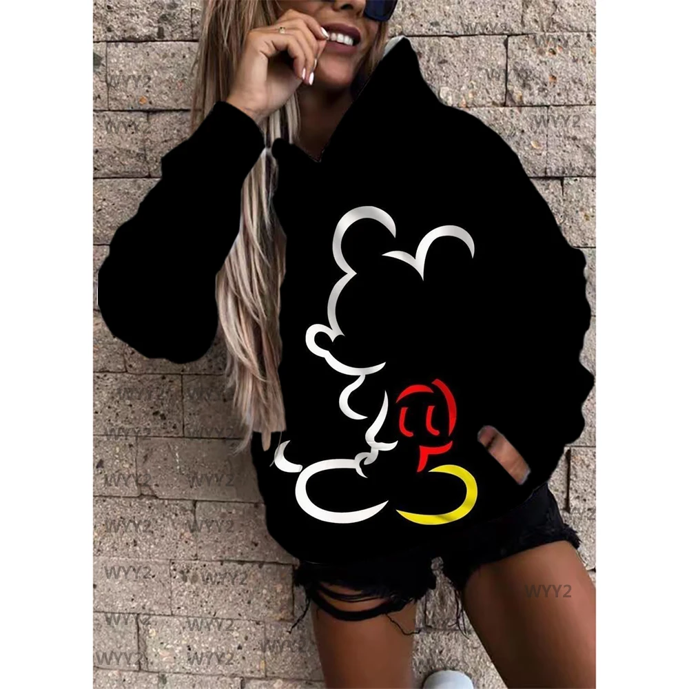 

Fashion With Hood Collar Mickey Minnie Sweater Pattern Women's Pullover Long Sleeve Jacket Loose Streetwear Fall Pullover