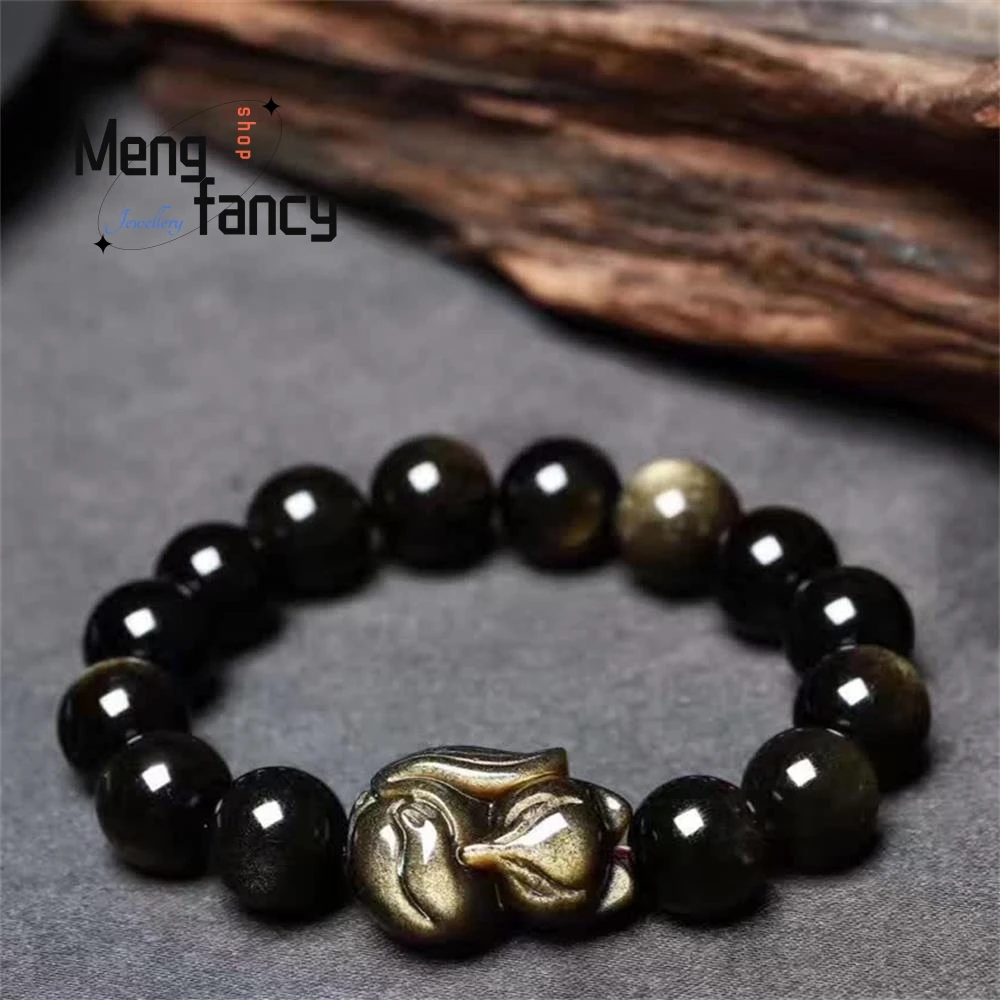 Сказочный браслет из натурального обсидиана в виде маленькой лисы