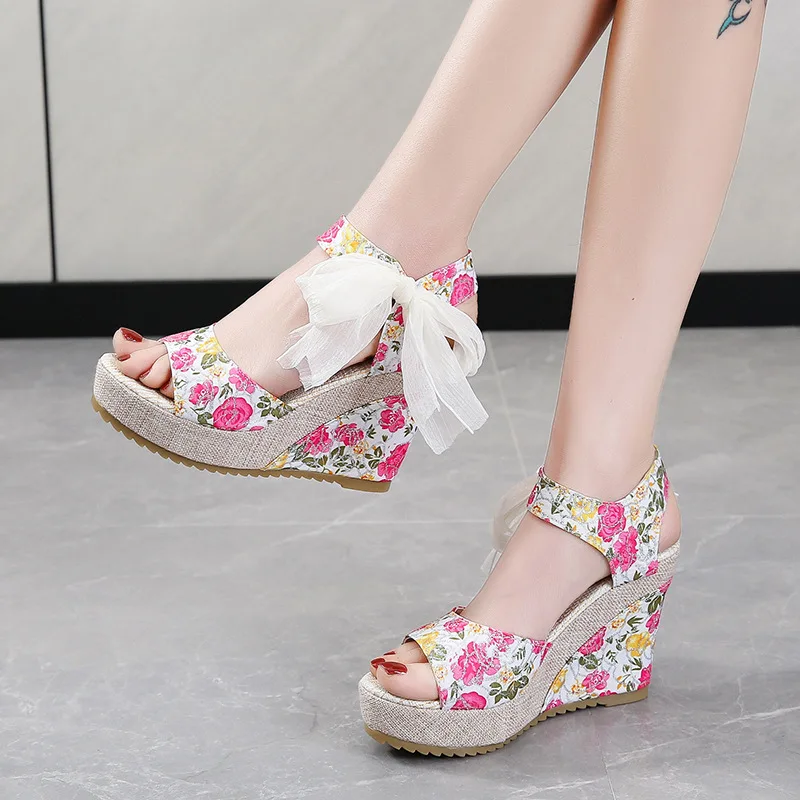 

Women Sandals Dot Bowknot Design Platform Wedge Female Casual High Increas Shoes Ladies Fashion Ankle Strap Open Toe Sandals