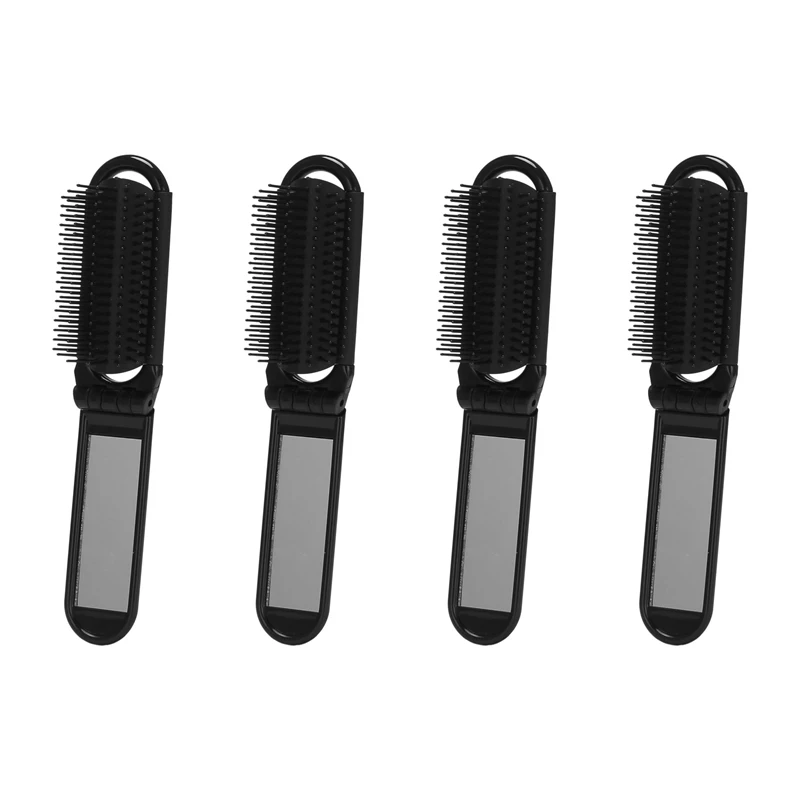 

4X Portable Travel Folding Hair Brush With Mirror Compact Pocket Size Comb-Black