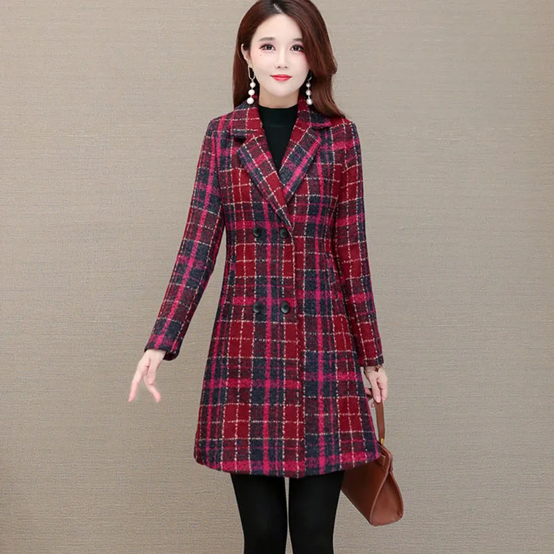 

NEW Women's Plaid Wool Coat Autumn Long Jacket Overcoat Female Casual Trench Coats Double-Breasted Blended Woolen Outerwear 4XL