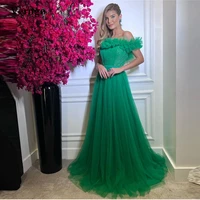 verngo shiny green tulle evening dresses robes de soir%c3%a9e off the shoulder organza ruffles prom gowns ribbons belt party dress