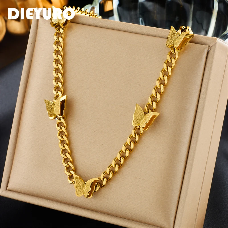 

DIEYURO 316L Stainless Steel Butterfly Choker Necklace For Women Girl New Trend Gold Color Waterproof Chain Hip Hop Jewelry Gift