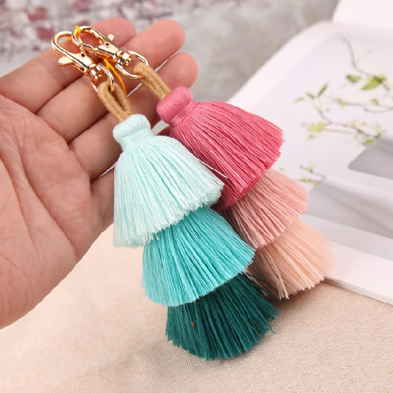 

1 Pc Handmade Colorful 4 Layered Tassel Keychain Bag Charms Gradient Colors Key Holder Boho Jewelry Gift For Women