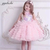 new pink tulle fluffy tiered baby girls birthday sequined high neck knee length princess prom party gowns christmas dresses 2022