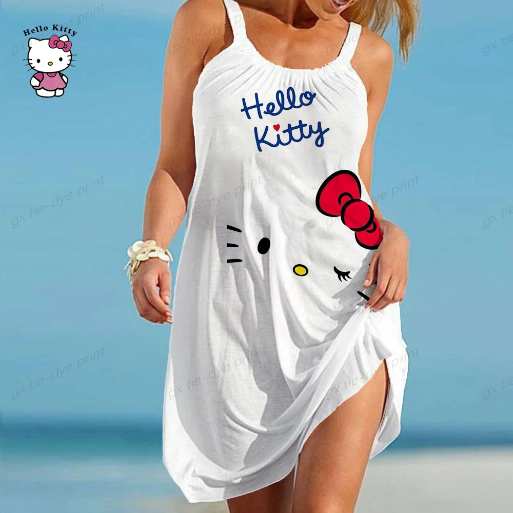 

Женское платье-миди с коротким рукавом, круглым вырезом и принтом Hello Kitty