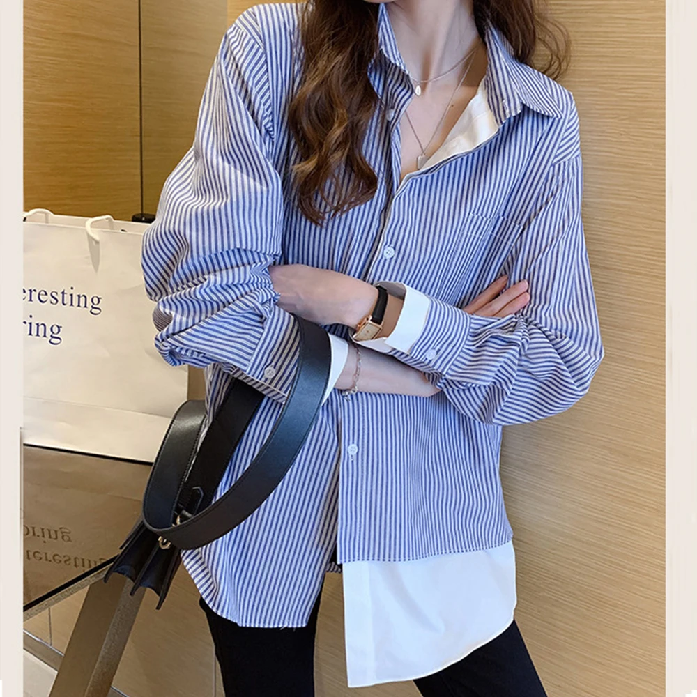 

Женская Полосатая Рубашка, новинка весны 2022, свободные топы с длинным рукавом и шитьем, модная дизайнерская женская блузка в гонконгском ст...
