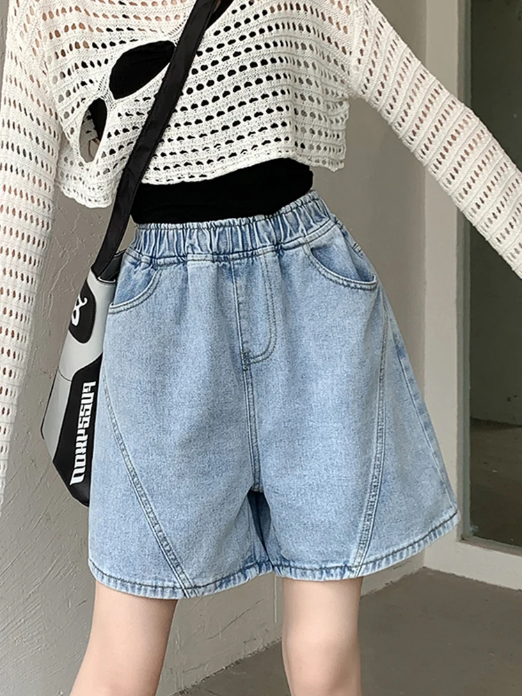 Streetwear Women Wide Leg Elastic Waist Retro Blue Denim Shorts Spring Summer Female Loose Jeans Shorts Bottoms