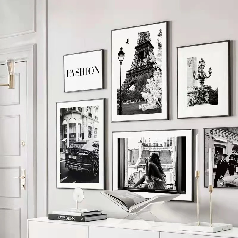 Парижская модная башня винтажная девушка черная белая настенная живопись на