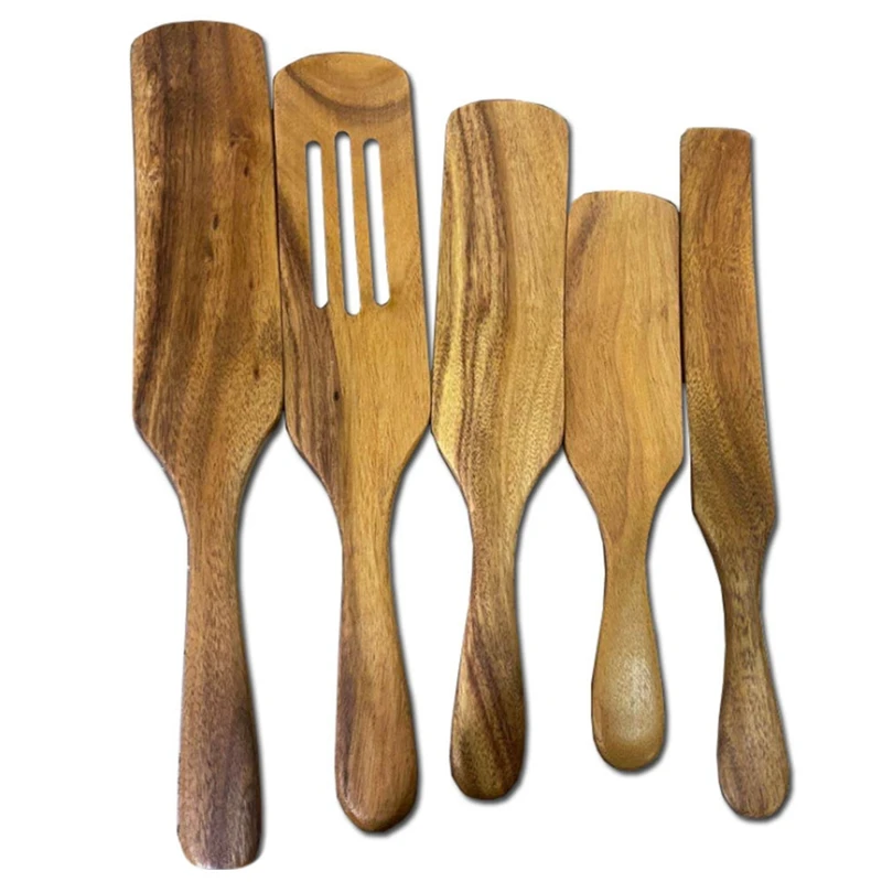 

Long-Handled Acacia Wooden Spatula Sauce Omelette Spatula Wooden Spatula Salad Mixing Drain Spatula, 5PCS