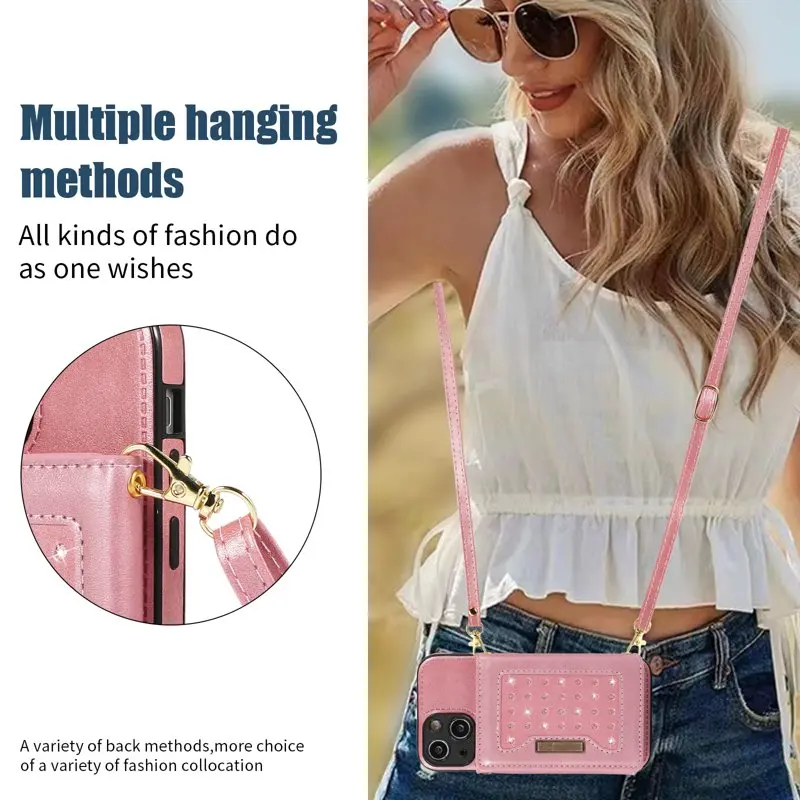 Premium PU Bling Magnetic Diamond Back Flip Cover with Crossbody Strap Wallet Credit Card Holder and Lanyard for Women, iPhone 1